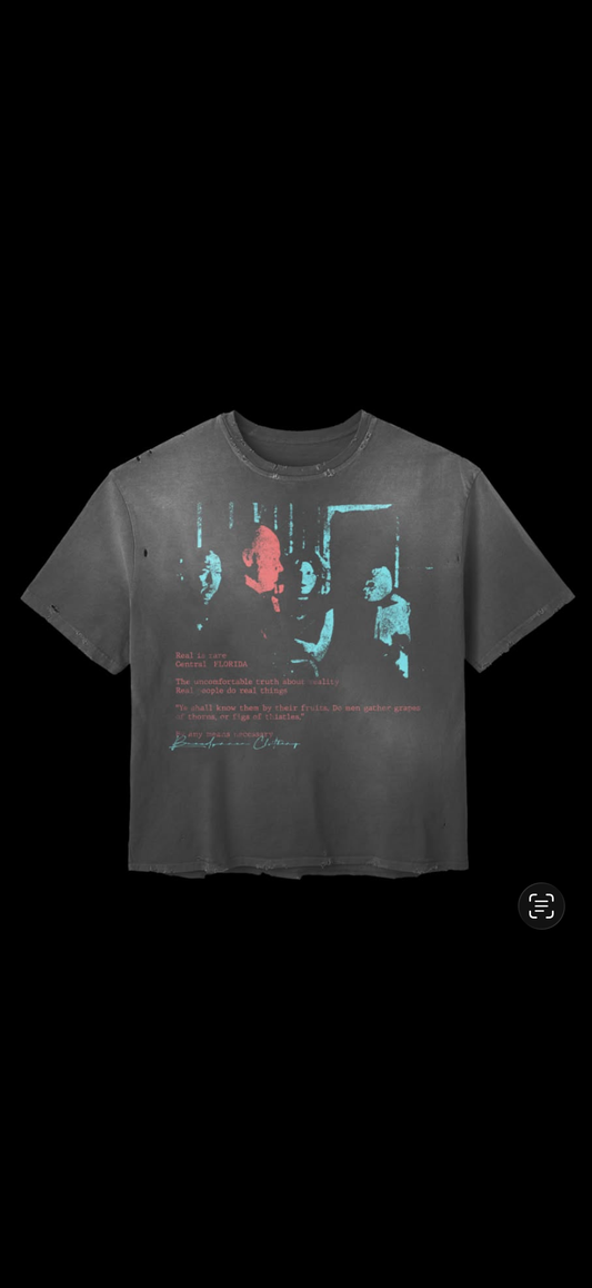 Real is rare, shadow gray cropped distressed tee shirt
